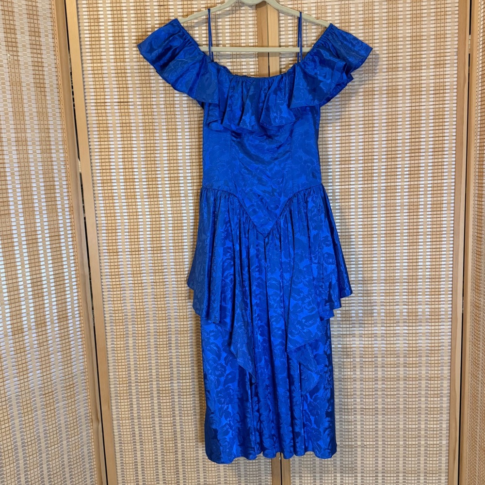 Vintage JCPenney Royal Blue Floral Jacquard Ruffle Off Shoulder Dress 80s USA